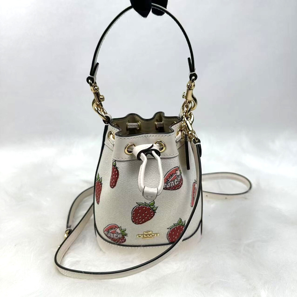 Coach Mini Bucket Bag Crosssbody With Strawberry Print In Canvas Chalk CAL11 NWT